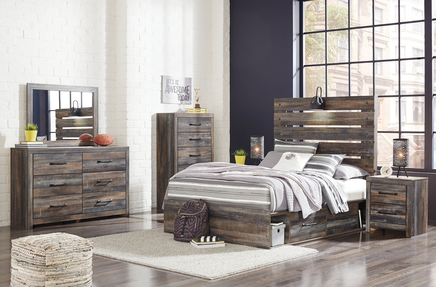 Drystan Panel Bed With 2 Storage Drawers With Mirrored Dresser