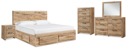 Hyanna Queen Panel Storage Bed with 1 Under Bed Storage Drawer, Dresser, Mirror, Chest and Nightstand