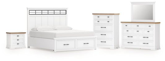 Ashbryn California King Panel Storage Bed, Dresser, Mirror, Chest and Nightstand