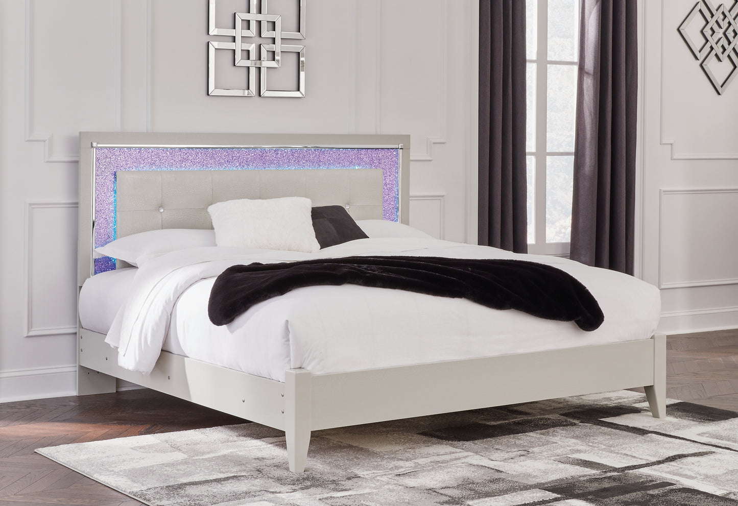 Zyniden King Upholstered Panel Bed with Mirrored Dresser and Chest
