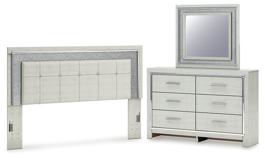Zyniden King Upholstered Panel Headboard with Mirrored Dresser
