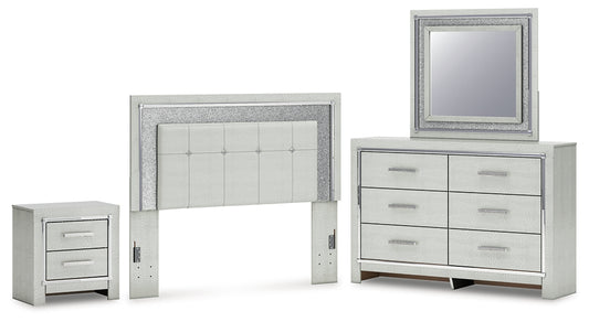 Zyniden Queen Upholstered Panel Headboard with Mirrored Dresser and Nightstand