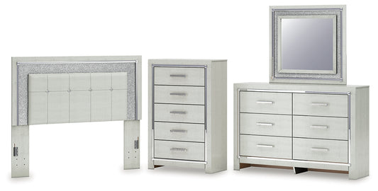 Zyniden Queen Upholstered Panel Headboard with Mirrored Dresser and Chest