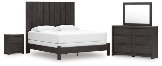 King Panel Bed with Mirrored Dresser and Nightstand