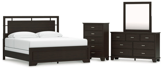 Covetown King Panel Bed with Mirrored Dresser and Chest