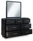 Rowanbeck King Upholstered Panel Bed with Mirrored Dresser and Chest