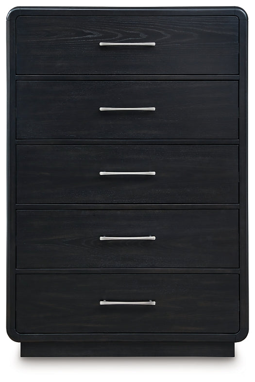 Rowanbeck King Upholstered Panel Bed with Mirrored Dresser, Chest and Nightstand