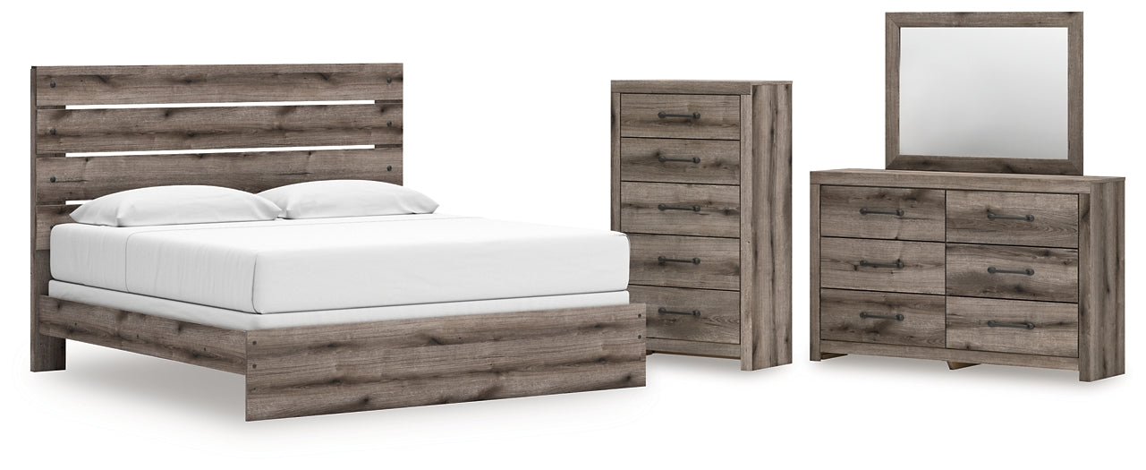 Graystorm King Panel Bed with Mirrored Dresser and Chest