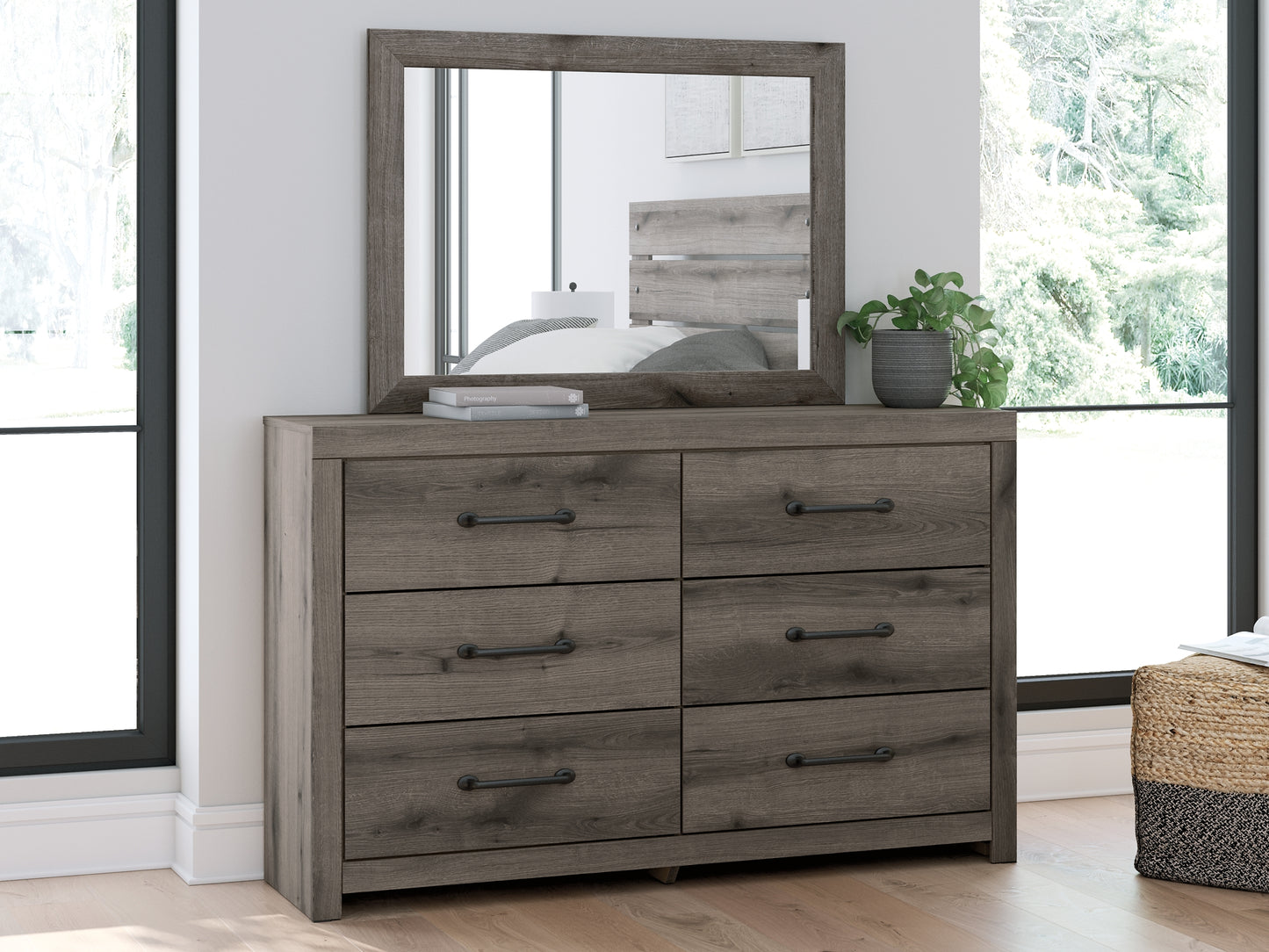 Graystorm King Panel Bed with Mirrored Dresser and Chest