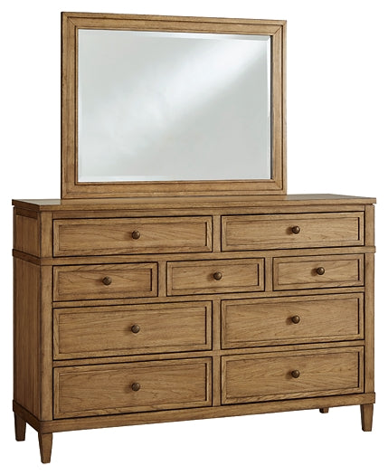 Sharlance California King Upholstered Panel Bed with Mirrored Dresser and Nightstand